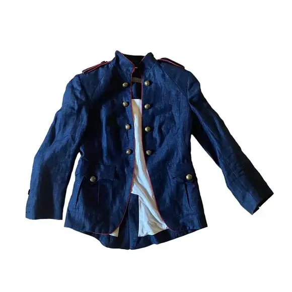 Zara Basic Womens Linen Military Style Jacket Size Small Blue Red - Picture 2 of 7